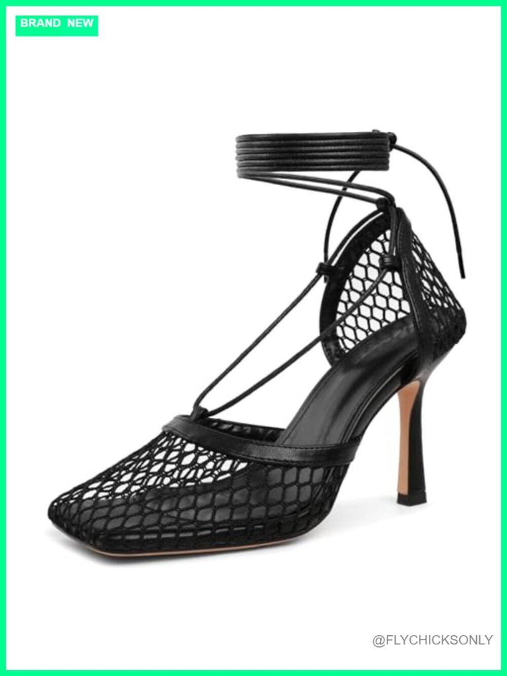 Square Toe Mesh Lace Up Strappy Stiletto Heels Sandals 3.5 Inch